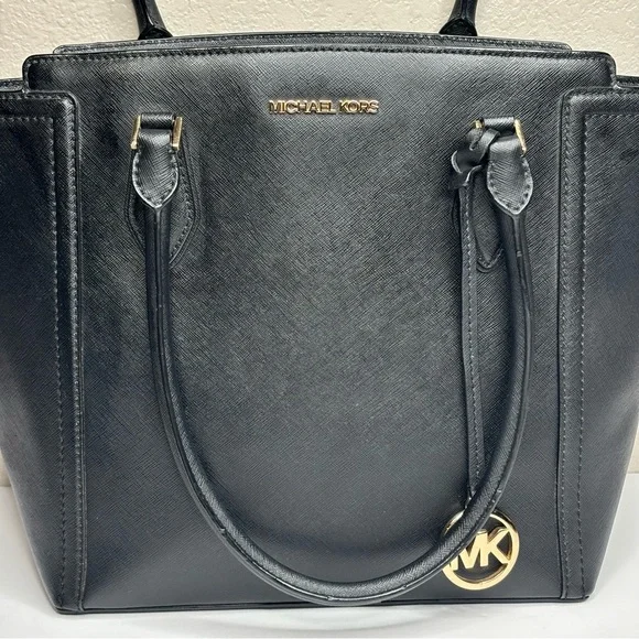 New Michael Kors Black Saffiano Leather Ayden Tote Handbag Top Zip Gold Hardware
